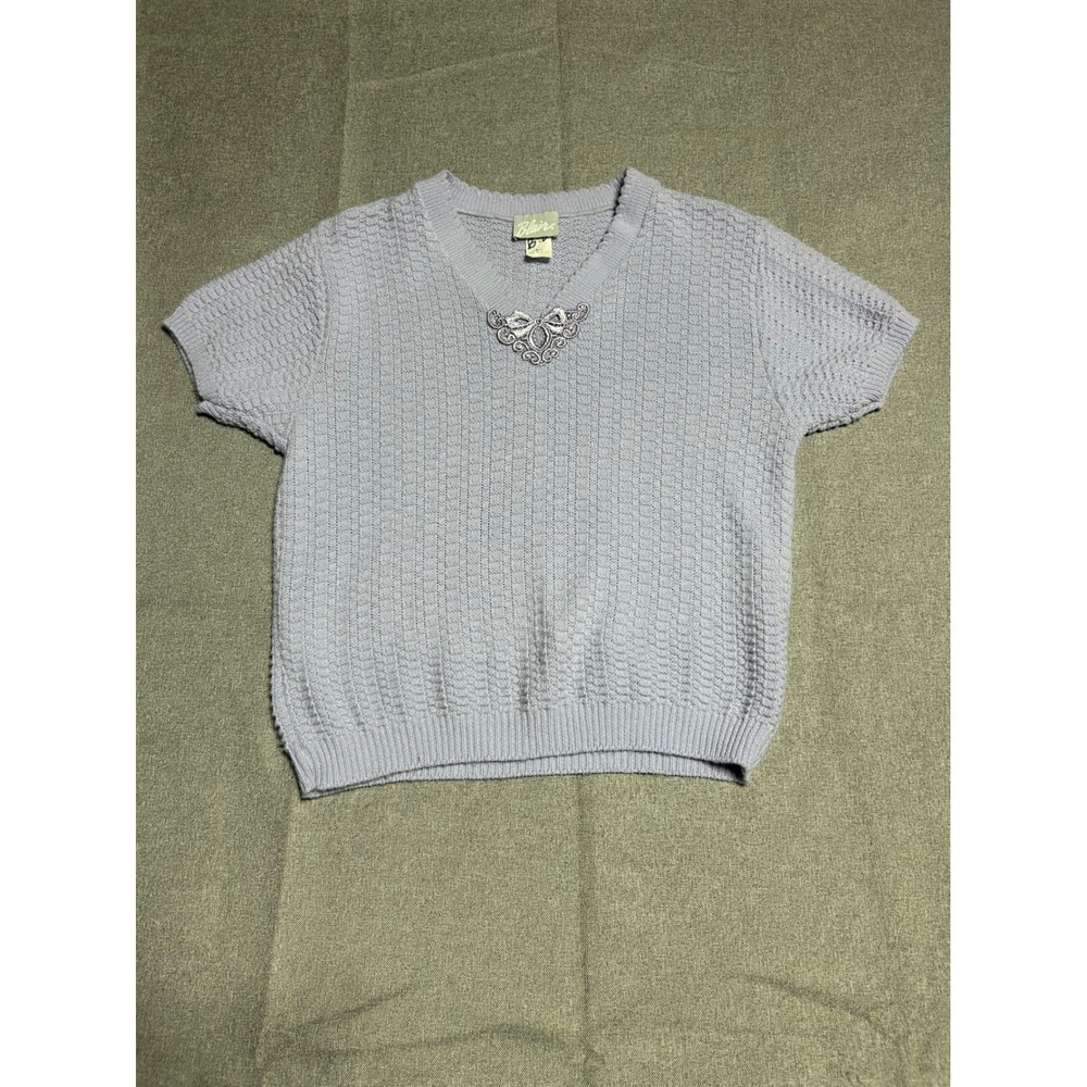 Blair Sweater Women SZ M Lavender V-Neck Short Sleeve Knit Grandma Cottage VTG